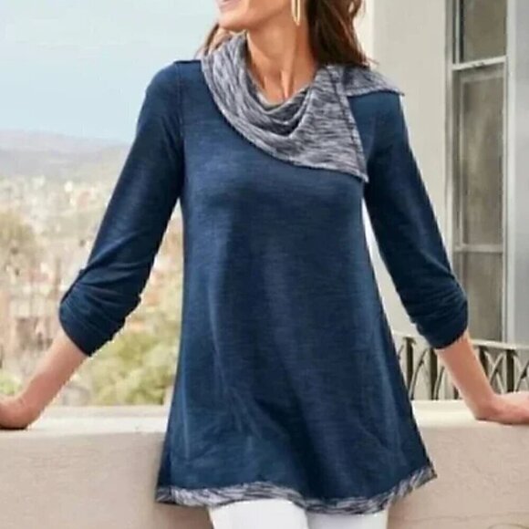 SOFT SURROUNDINGS Weekending Cowl Neck Pullover Navy Blue 3/4 Roll Tab Sleeve M - Picture 1 of 10